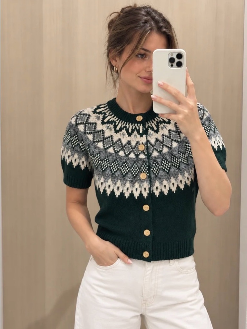 🆕 Cashmere-Blend Fair Isle Short-Sleeve Cardigan Sz Xs NWT